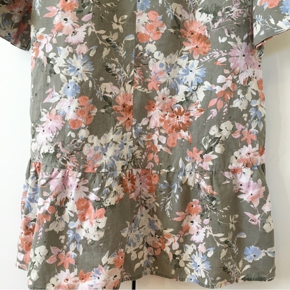 J. Jill 100%  Linen  Floral Ruffle Hem 3/4 long sleeves Crew Neck Relaxed Dress - Picture 8 of 16